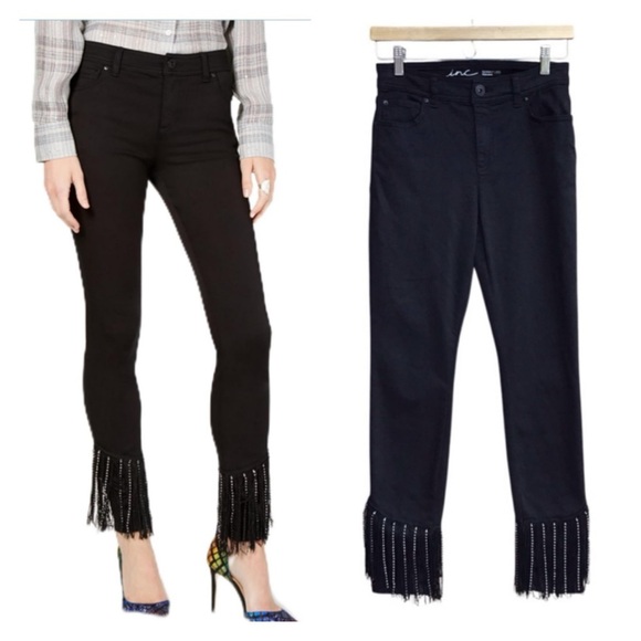 INC International Concepts Black Skinny Jeans Fringe Rhinestone Hem - Picture 1 of 6